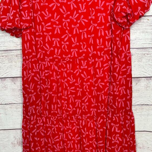 CeCe Red & Pink Coquette Pink Bow Tiered Ruffle Maxi Chiffon Dress Size Medium - Picture 6 of 9